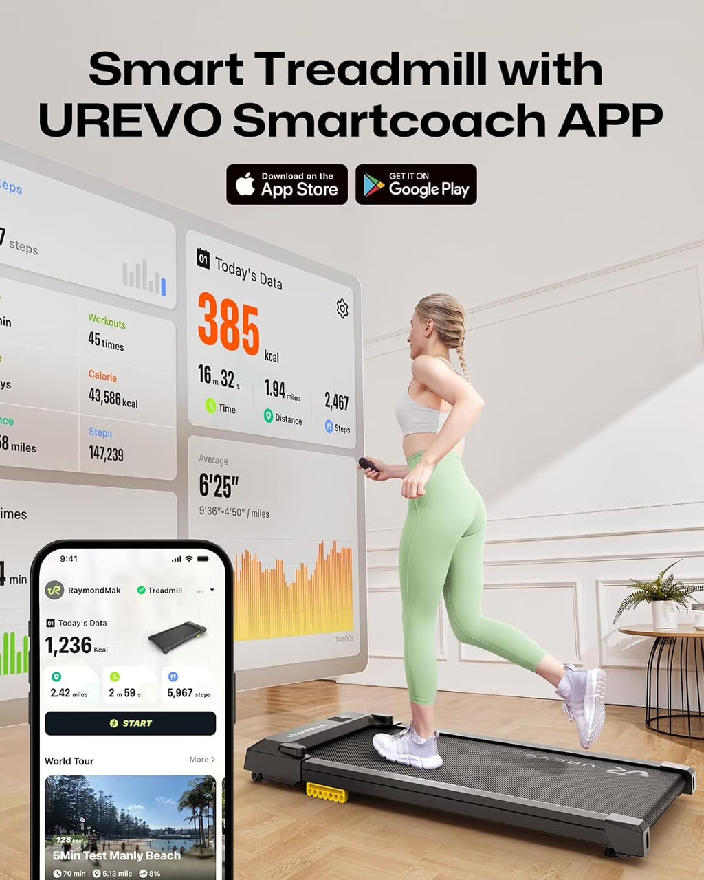 Spacewalk E1L Smart Walking Pad, Compact under Desk Treadmill with Double Shock Absorption, Quiet Operation, Workout APP with Track Insights and MIIT Mode, Remote or APP Control for Home Office