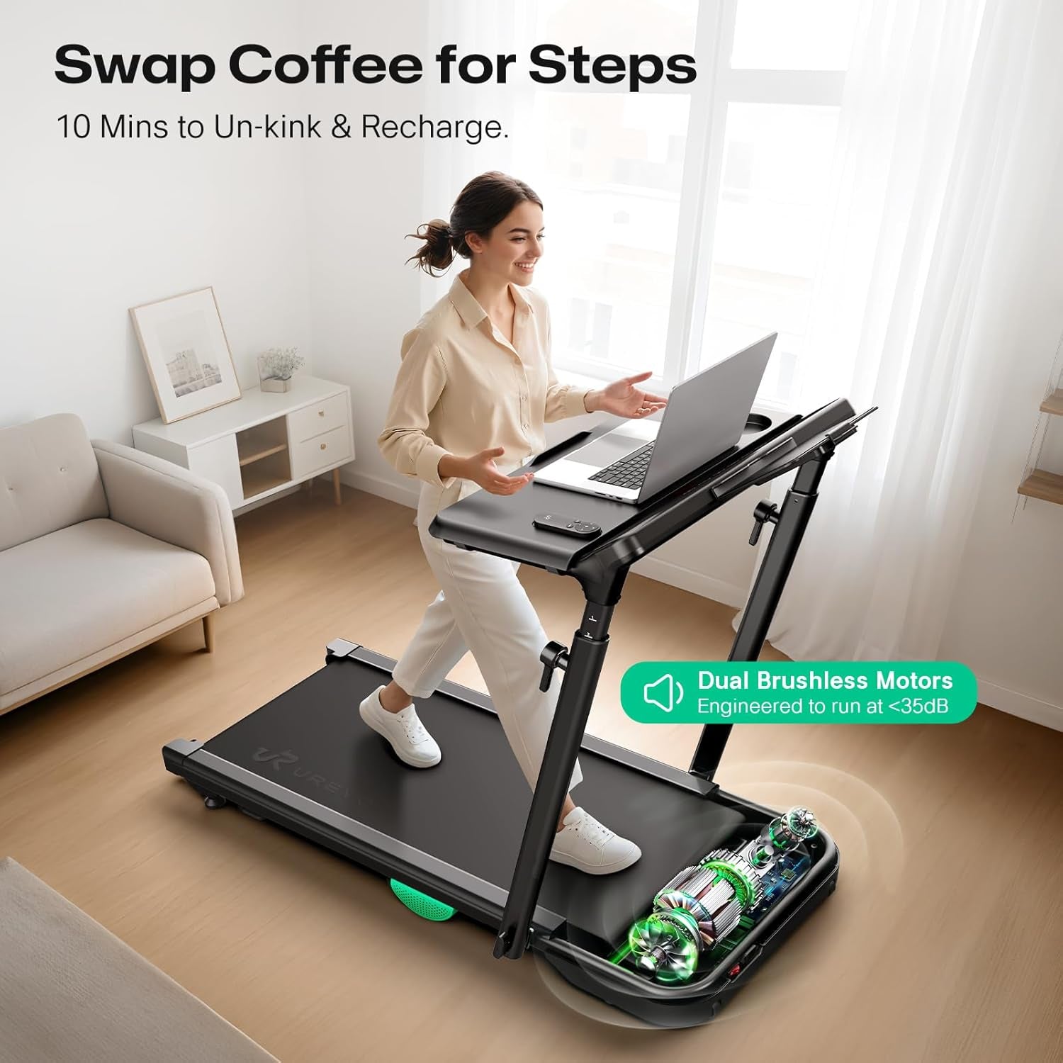 Foldimix 5 Treadmills for Home, Walking Pad with Adjustable Handle Bar, Multi-Functional Workstation Treadmill, Dual Brushless Motorized, 14-Point Shock Absorption, Compact Design