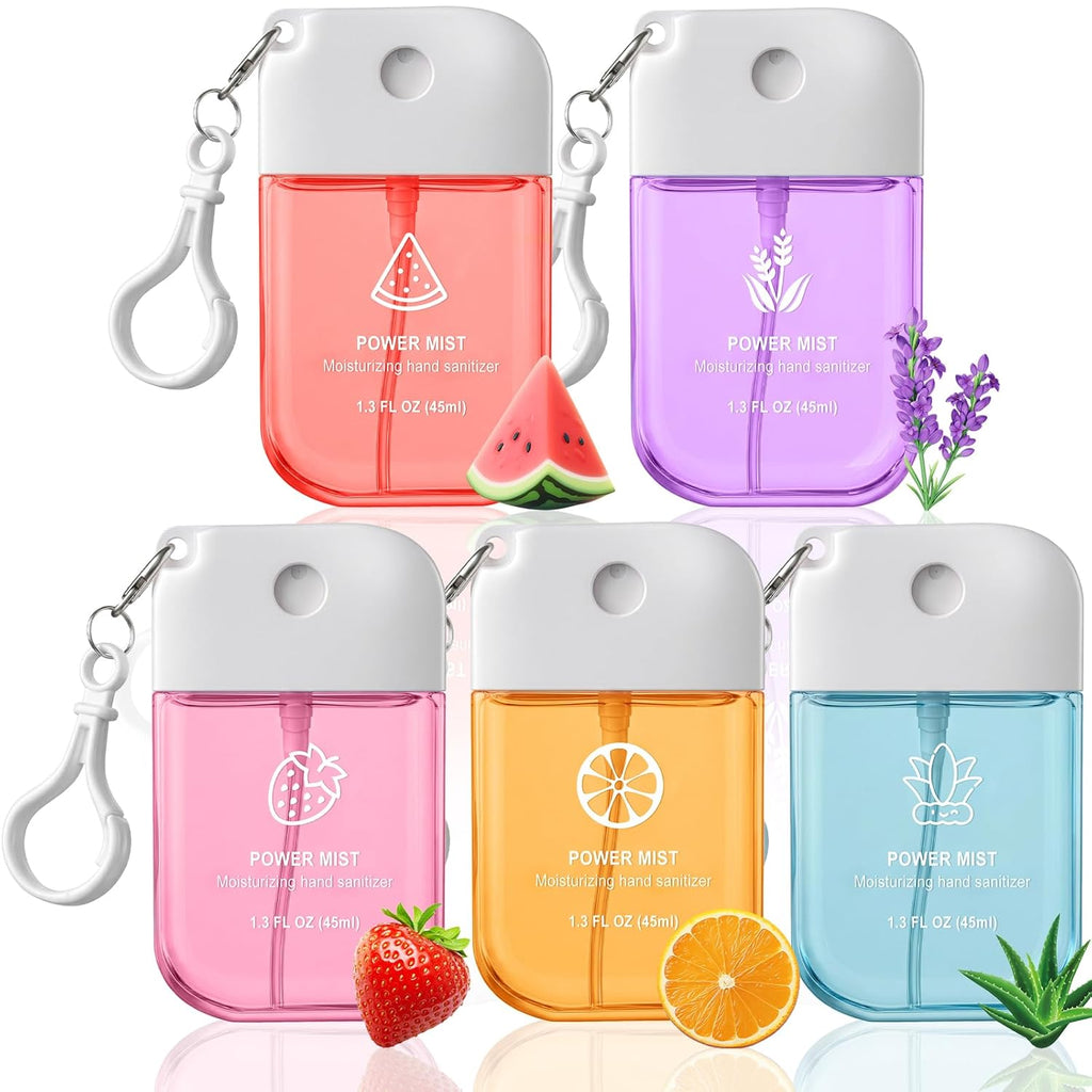 Hand Sanitizer Spray Travel-Size - 5 Pack No-Rinse Spray Hand Sanitizers with Hook Hydrating Portable Hand Sanitizer Travel Spray for Parks, Beaches, Airplanes, 5 Scents
