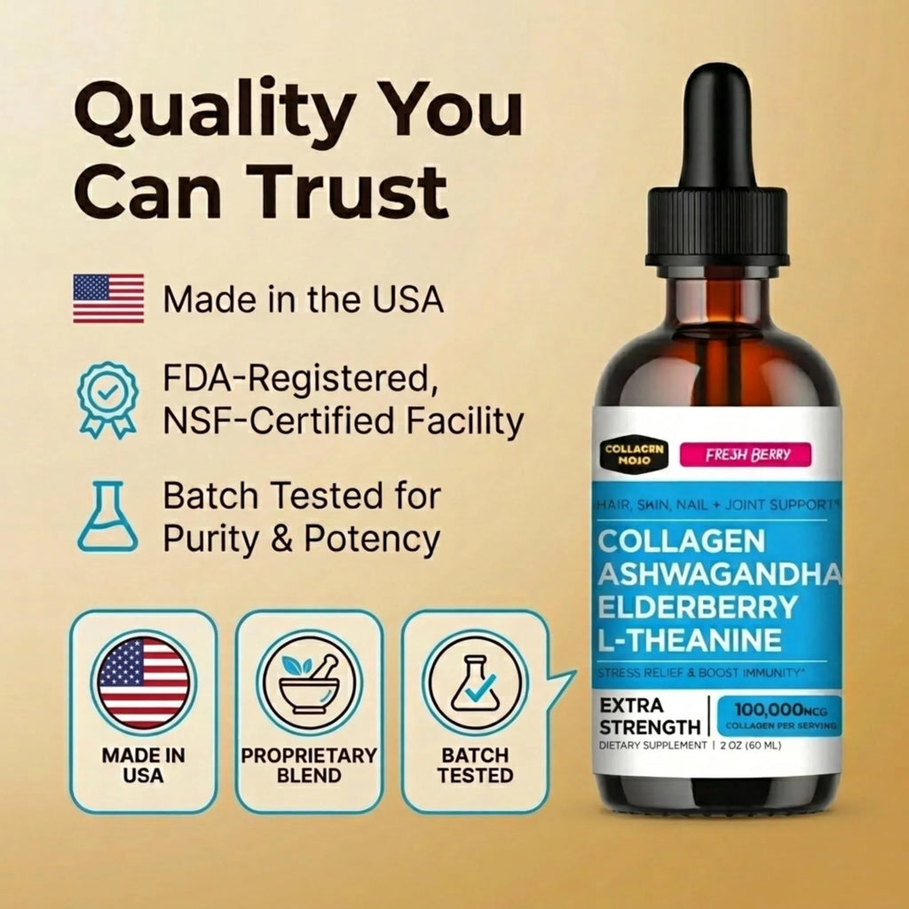Liquid Collagen Peptides with Ashwagandha, Elderberry & L-Theanine. High Potency and Absorption Formula. Hair, Skin, Nail + Joint Support. Stress Relief & Immunity Booster –  - 2 Oz.