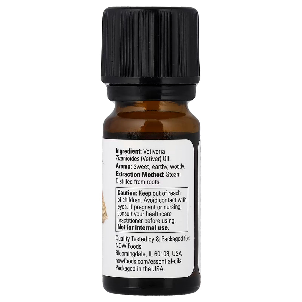NOW Essential Oils, Vetiver Oil, Woodsy Aromatherapy Scent, Steam Distilled, 100% Pure, Child Resistant Cap, 10-Ml
