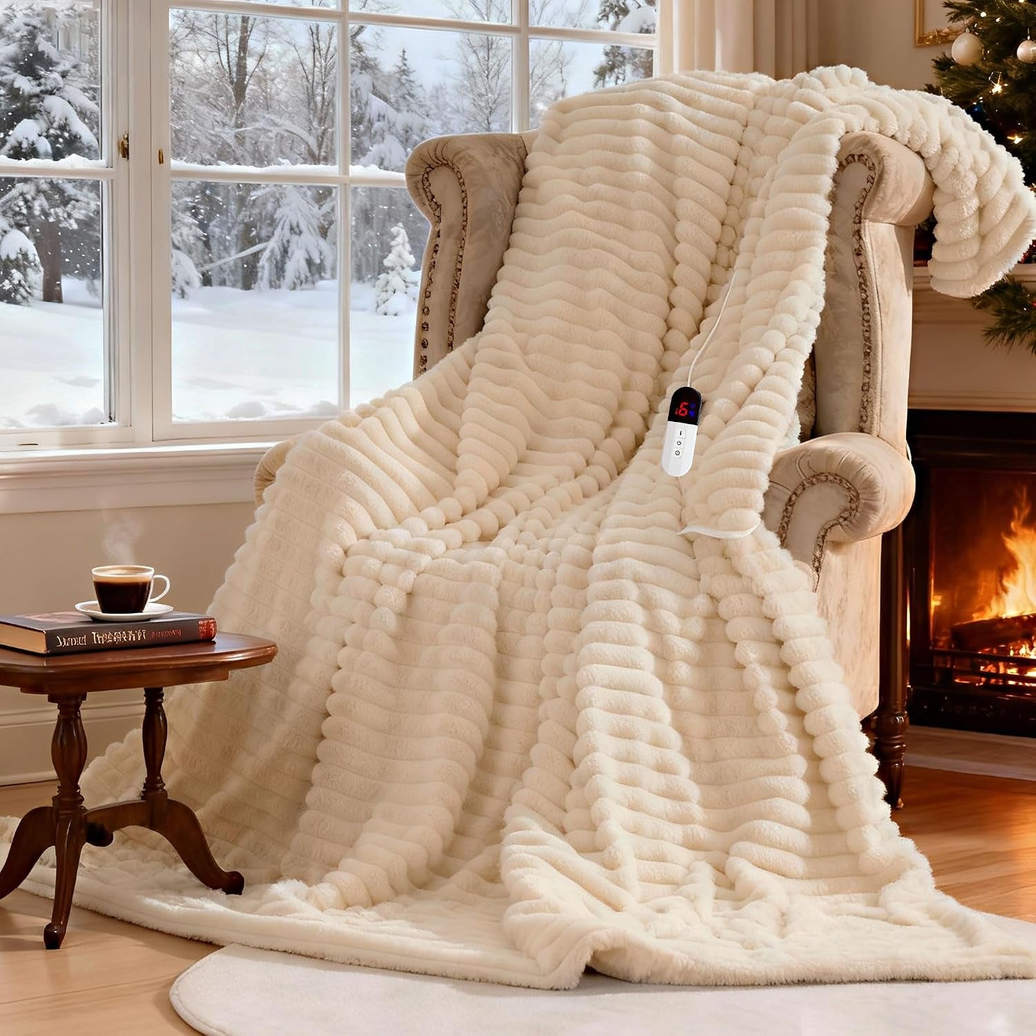 Heated Electric Blanket Throw: 6-Level Fast Heating, 4-Hour Auto-Off, Soft&Warm Stripe Faux Rabbit Fur, for Couch Home Office, with Overheating Protection & ETL Certified(50 X 60,Milky White)