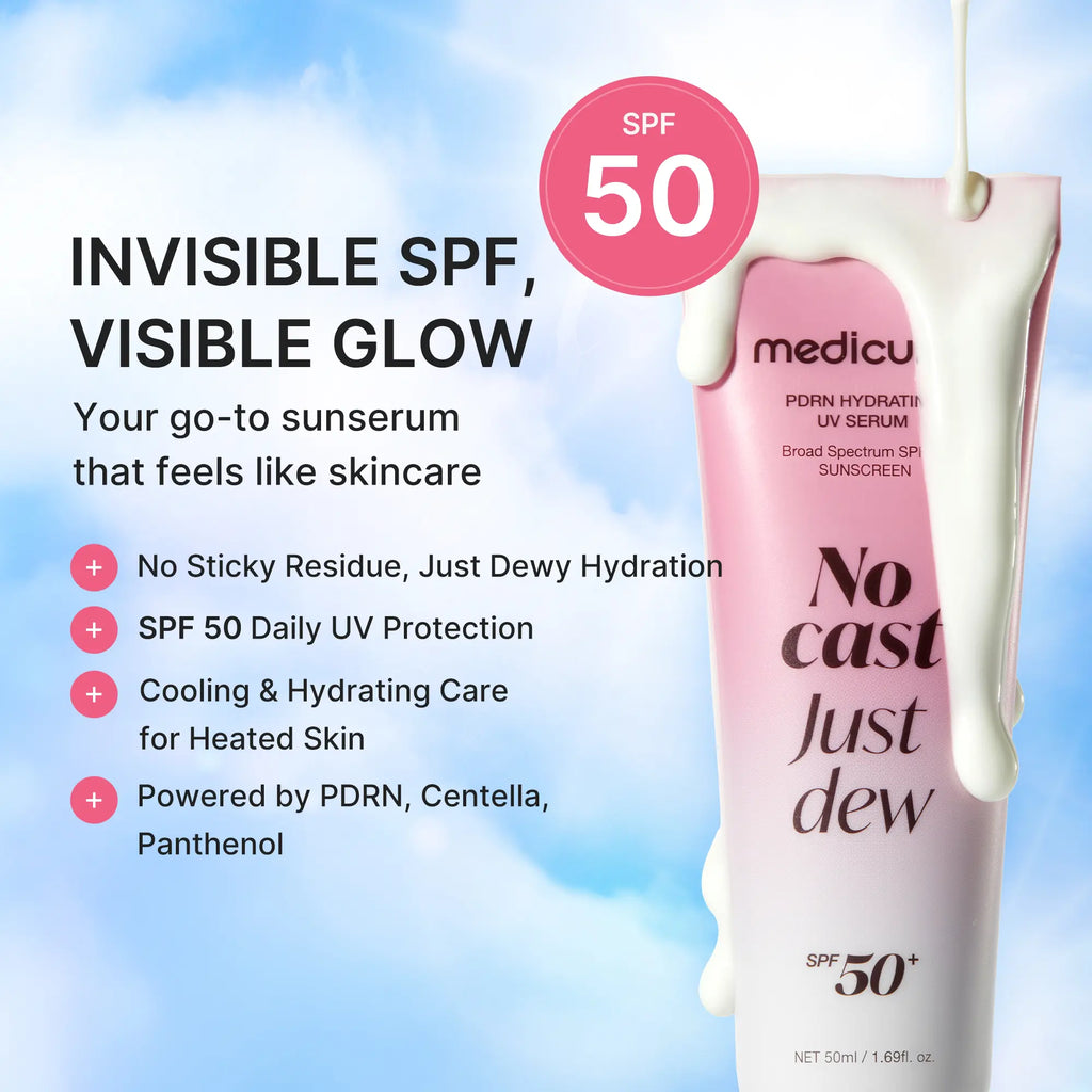 [NEW] [Medicube] No Cast Just Dew PDRN Hydrating UV Sun Serum | Daily Lightweight Sunscreen SPF 50 | PDRN, Panthenol, Centella| Gentle Moisturizing Suncare for Daily Use for All Skin Types (50Ml)