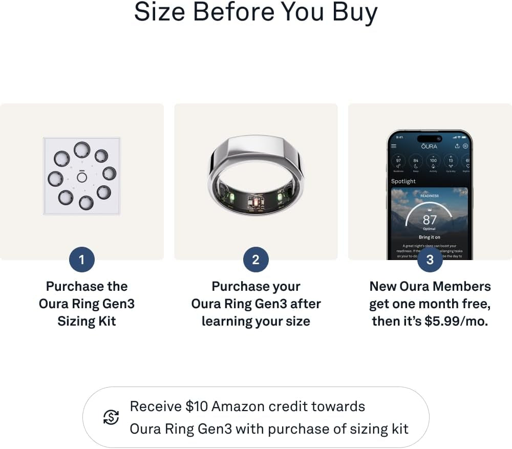Oura Ring Gen3 Heritage - Silver - Size 7 - Smart Ring - Size First with Oura Ring Gen3 Sizing Kit - Sleep Tracking Wearable - Heart Rate - Fitness Tracker - 5-7 Days Battery Life