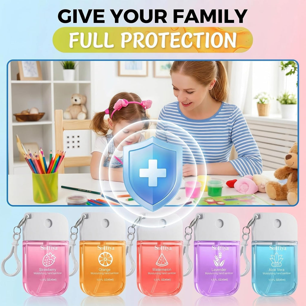 Hand Sanitizer Spray Travel-Size - 5 Pack No-Rinse Spray Hand Sanitizers with Hook Hydrating Portable Hand Sanitizer Travel Spray for Parks, Beaches, Airplanes, 5 Scents