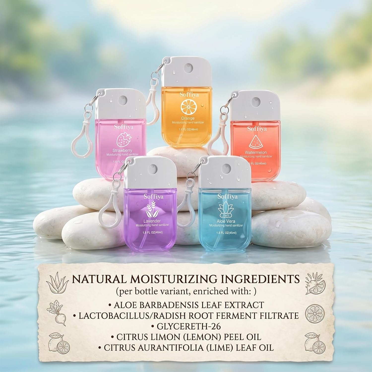 Hand Sanitizer Spray Travel-Size - 5 Pack No-Rinse Spray Hand Sanitizers with Hook Hydrating Portable Hand Sanitizer Travel Spray for Parks, Beaches, Airplanes, 5 Scents