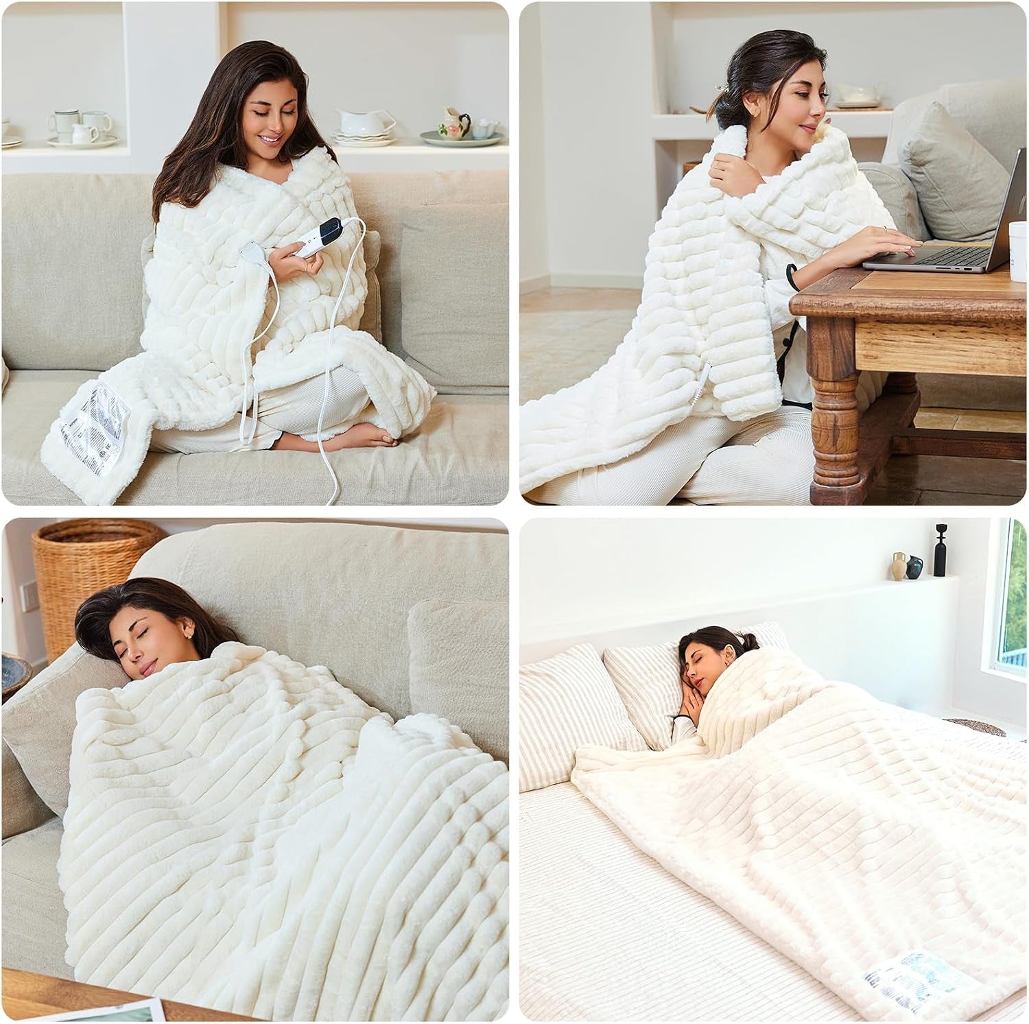 Heated Electric Blanket Throw: 6-Level Fast Heating, 4-Hour Auto-Off, Soft&Warm Stripe Faux Rabbit Fur, for Couch Home Office, with Overheating Protection & ETL Certified(50 X 60,Milky White)
