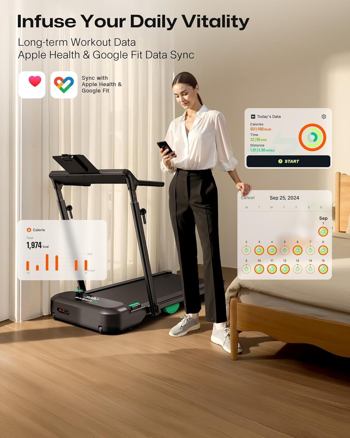 Foldimix 5 Treadmills for Home, Walking Pad with Adjustable Handle Bar, Multi-Functional Workstation Treadmill, Dual Brushless Motorized, 14-Point Shock Absorption, Compact Design