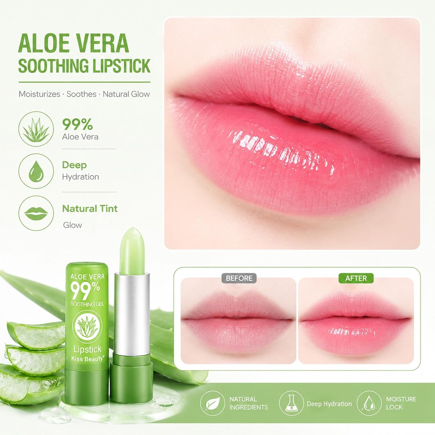 2 Pack Aloe Vera Lipstick, Long Lasting Nutritious Lip Balm Lips Moisturizer Magic Temperature Color Change Lip Gloss