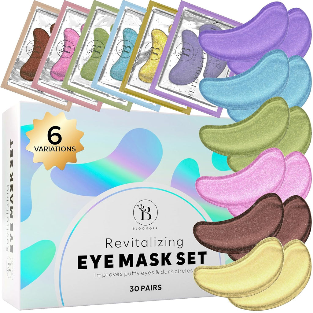 Variety under Eye Patches (30 Pairs) - Eye Mask for Dark Circles, Puffy Eyes & Wrinkles - 6 Varieties with Hyaluronic Acid, Green Tea, Rose, 24K Gold, Retinol, Collagen & Caffeine