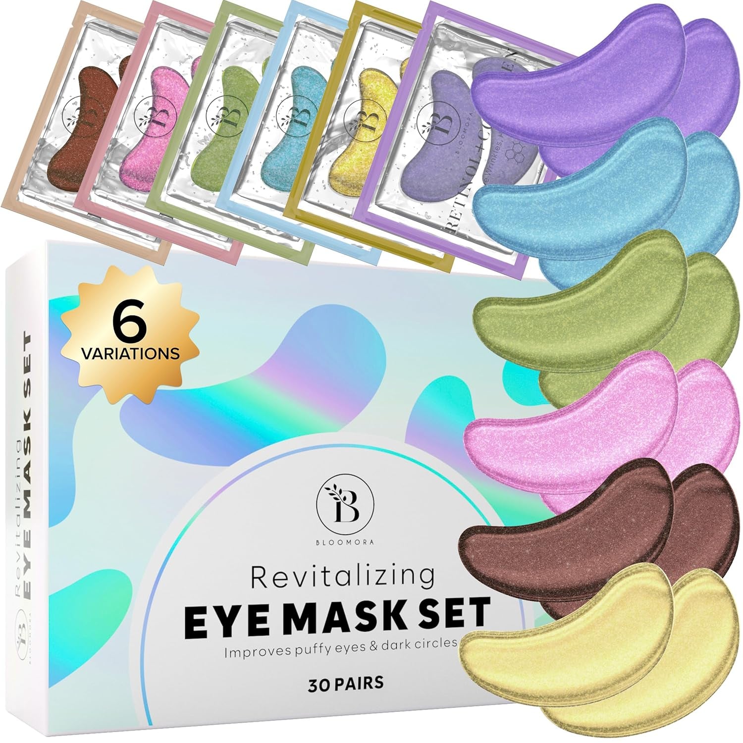 Variety under Eye Patches (30 Pairs) - Eye Mask for Dark Circles, Puffy Eyes & Wrinkles - 6 Varieties with Hyaluronic Acid, Green Tea, Rose, 24K Gold, Retinol, Collagen & Caffeine
