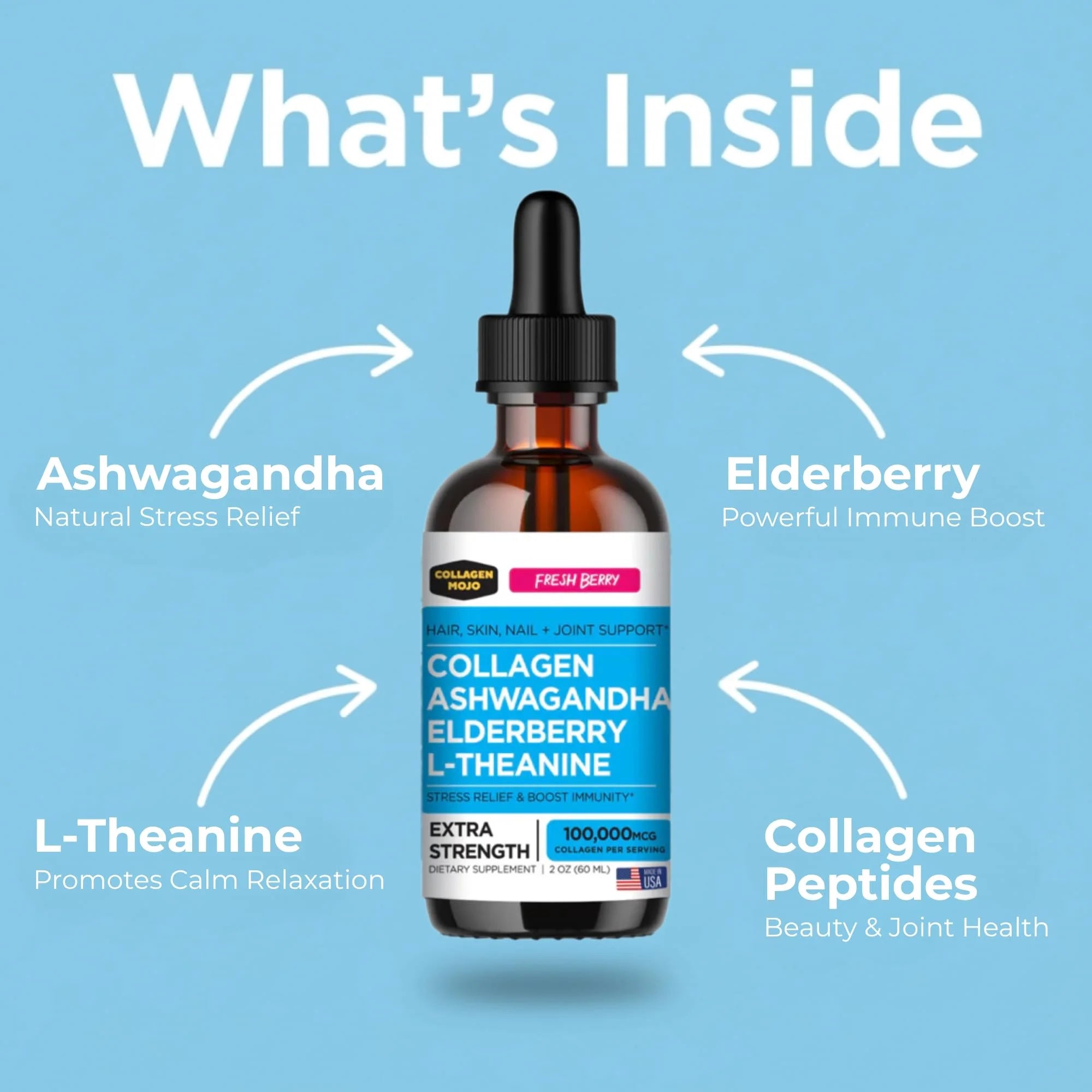 Liquid Collagen Peptides with Ashwagandha, Elderberry & L-Theanine. High Potency and Absorption Formula. Hair, Skin, Nail + Joint Support. Stress Relief & Immunity Booster –  - 2 Oz.