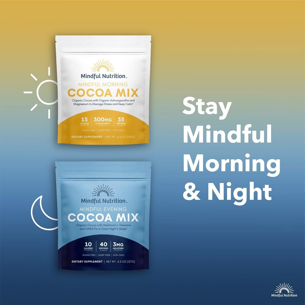 Mindful Evening Sugar Free Cocoa Mix Natural Sleep Aid, 40 Servings, Melatonin 3Mg, L-Theanine, GABA Supplements, Natural Calm Sleep Support Stress Relief Calm Sleepy Cocoa Nighttime Hot Chocolate