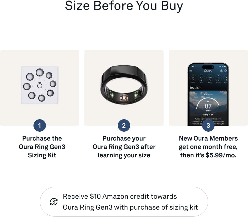 Oura Ring Gen3 Heritage - Black - Size 8 - Smart Ring - Size First with Oura Ring Gen3 Sizing Kit - Sleep Tracking Wearable - Heart Rate - Fitness Tracker - 5-7 Days Battery Life