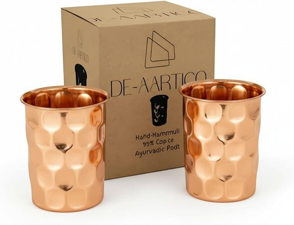 Pure Copper Tumblers for Drinking – Handmade Hammered Finish Water Glasses, 312Ml (11 Fl Oz), Health Benefits for Hydration, Set of 2, Eco-Friendly Copper Cups for Water & Juices