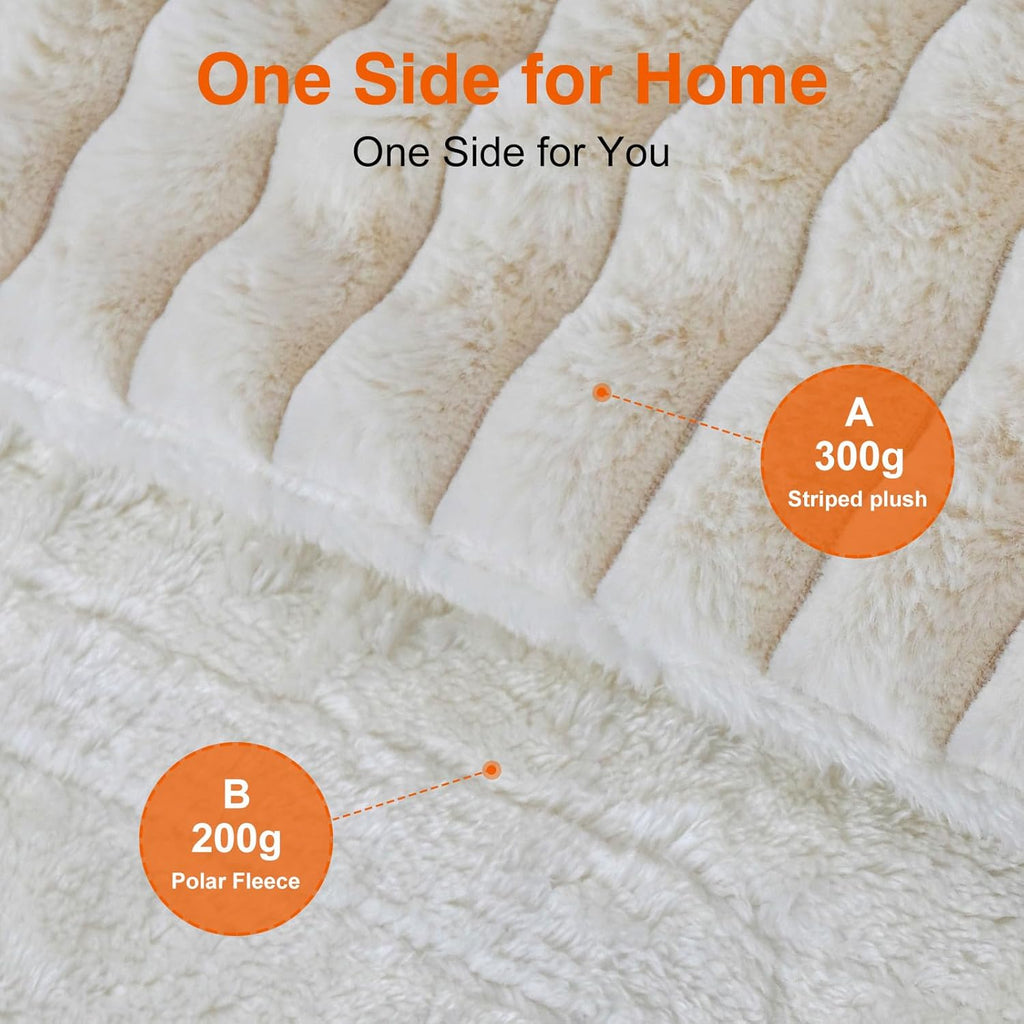 Heated Electric Blanket Throw: 6-Level Fast Heating, 4-Hour Auto-Off, Soft&Warm Stripe Faux Rabbit Fur, for Couch Home Office, with Overheating Protection & ETL Certified(50 X 60,Milky White)