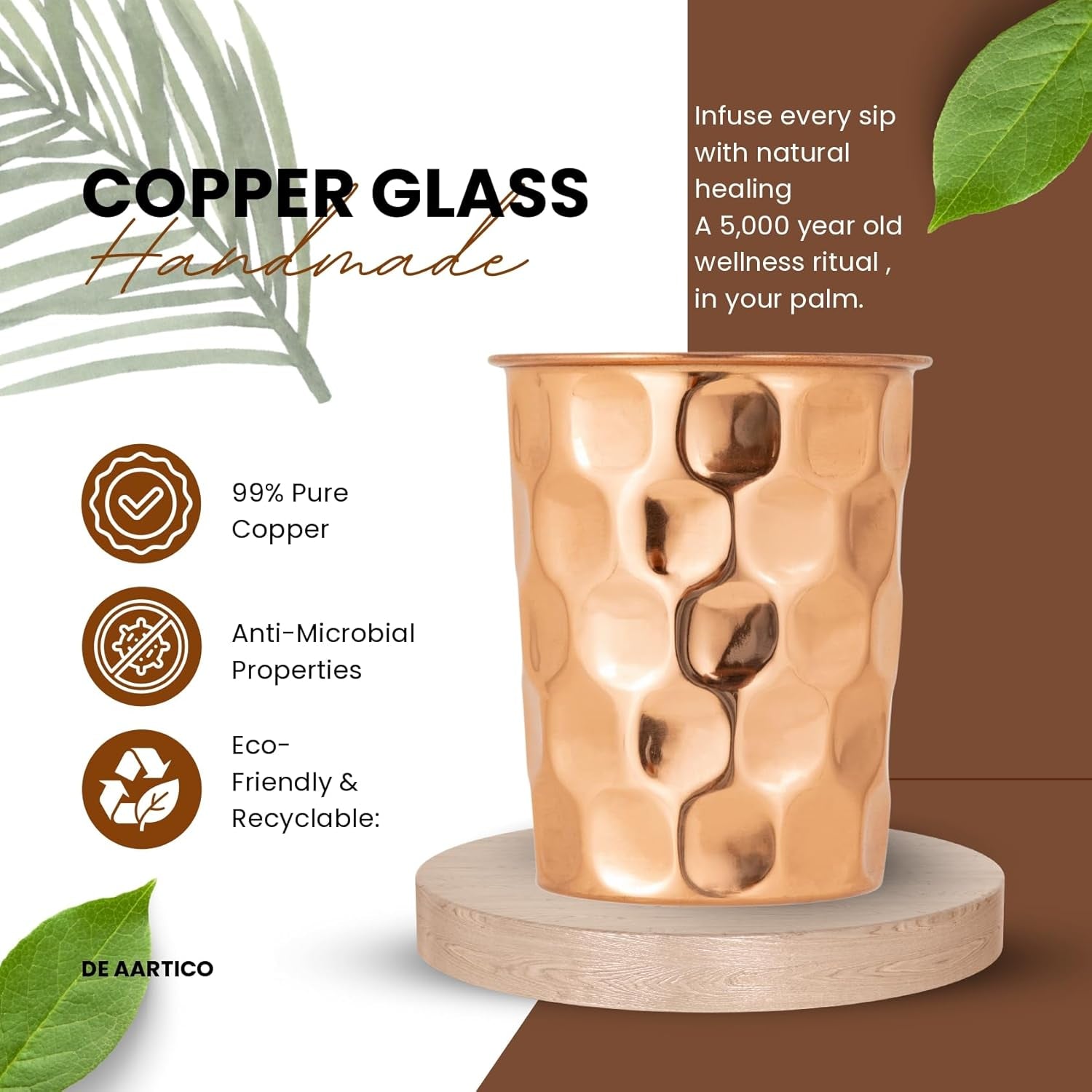 Pure Copper Tumblers for Drinking – Handmade Hammered Finish Water Glasses, 312Ml (11 Fl Oz), Health Benefits for Hydration, Set of 2, Eco-Friendly Copper Cups for Water & Juices
