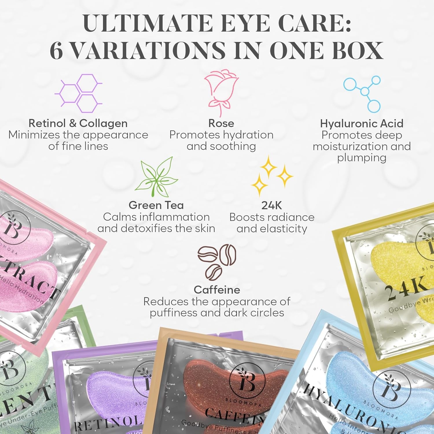Variety under Eye Patches (30 Pairs) - Eye Mask for Dark Circles, Puffy Eyes & Wrinkles - 6 Varieties with Hyaluronic Acid, Green Tea, Rose, 24K Gold, Retinol, Collagen & Caffeine