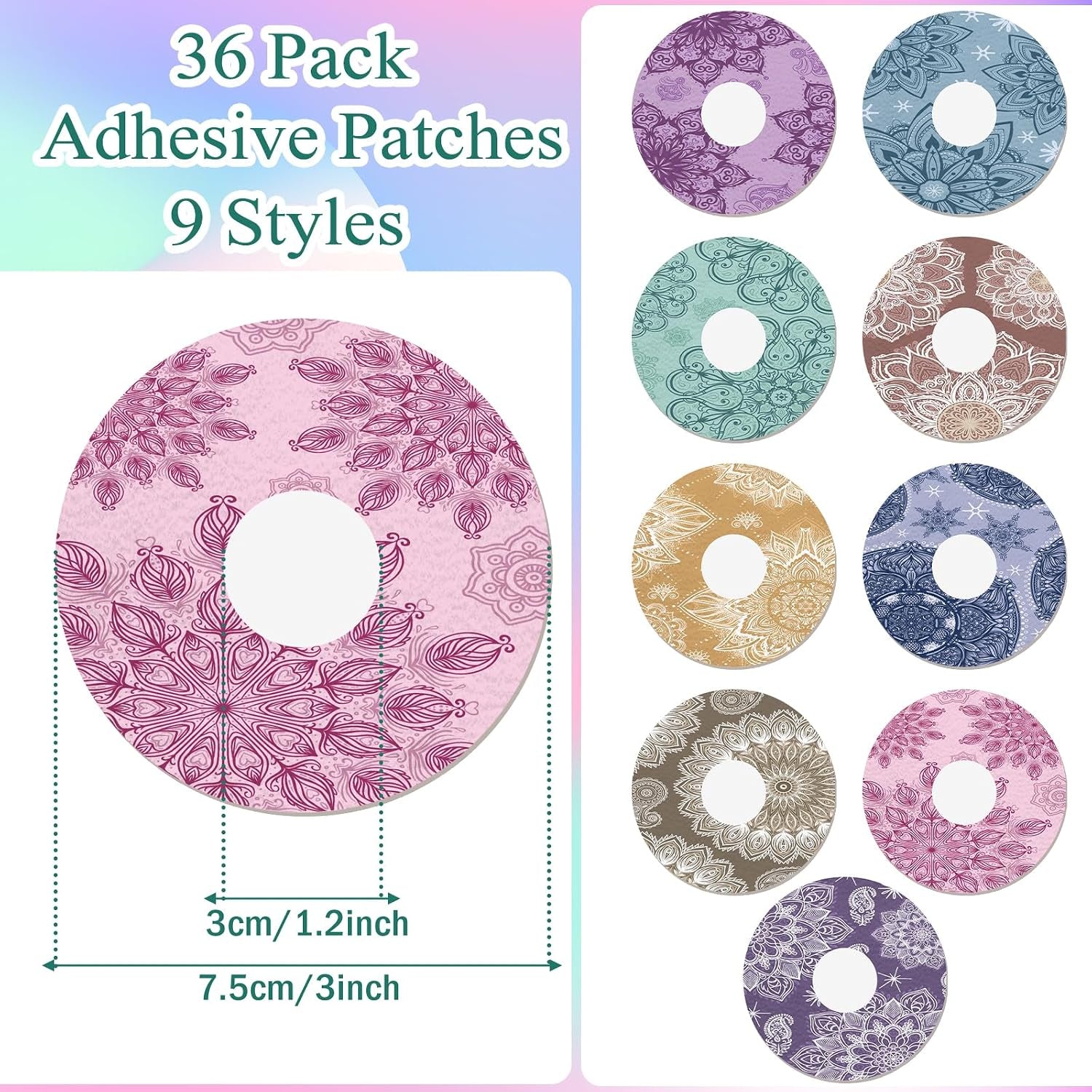 36 Pcs Waterproof Sensor Covers Compatible with Libre 2 Adhesive Patches Overpatches Breathable Mandala Floral Pre Cut Cover Patches Tape for Continuous Glucose Monitor Protection