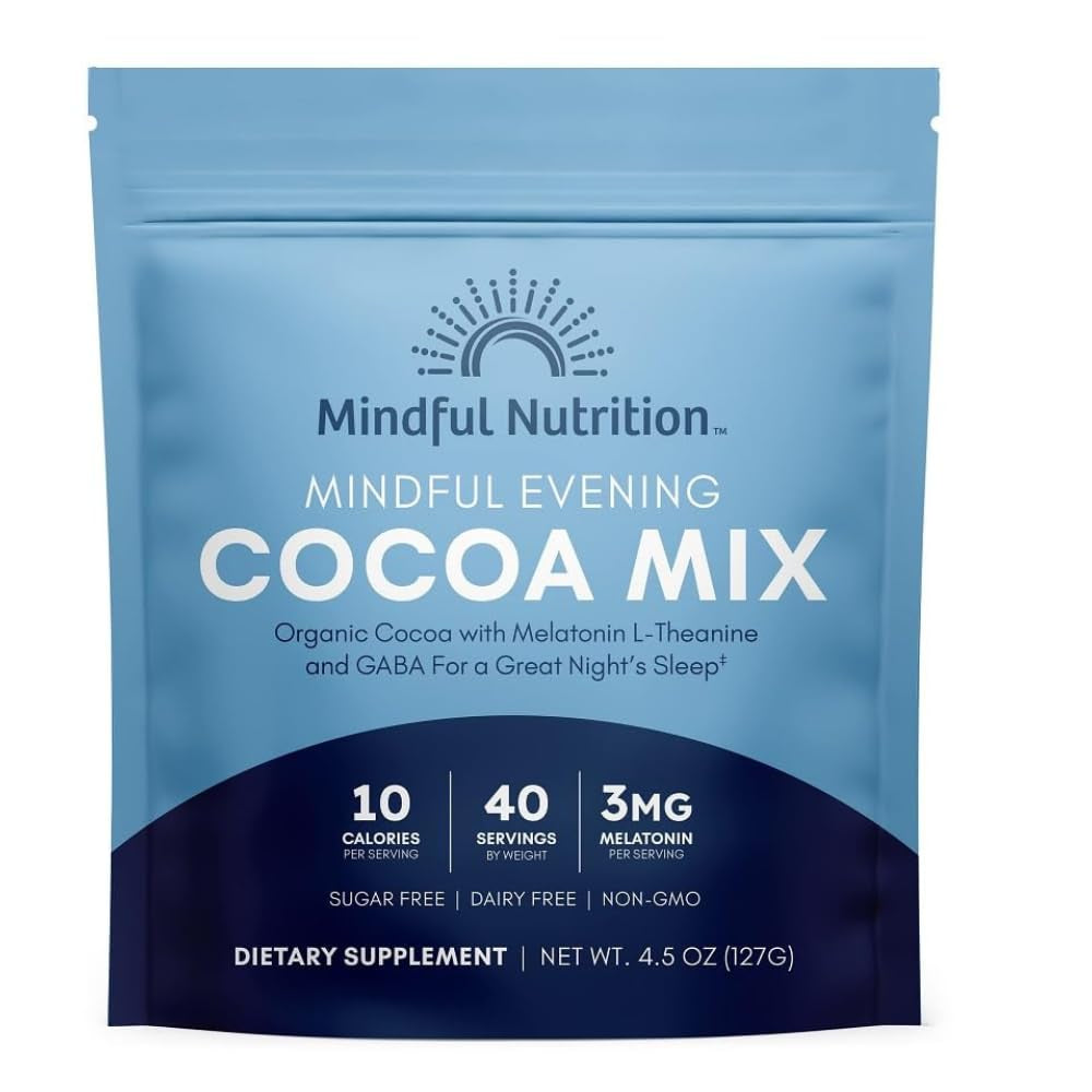 Mindful Evening Sugar Free Cocoa Mix Natural Sleep Aid, 40 Servings, Melatonin 3Mg, L-Theanine, GABA Supplements, Natural Calm Sleep Support Stress Relief Calm Sleepy Cocoa Nighttime Hot Chocolate