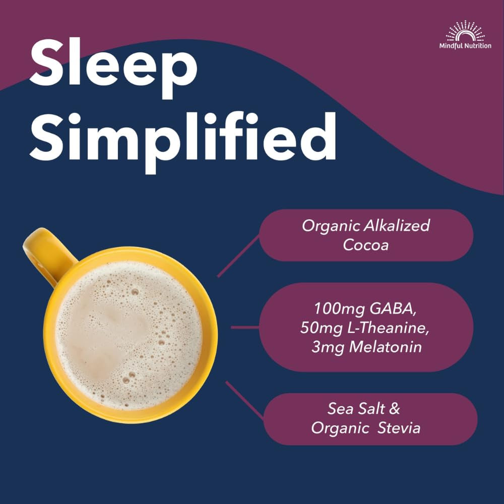 Mindful Evening Sugar Free Cocoa Mix Natural Sleep Aid, 40 Servings, Melatonin 3Mg, L-Theanine, GABA Supplements, Natural Calm Sleep Support Stress Relief Calm Sleepy Cocoa Nighttime Hot Chocolate