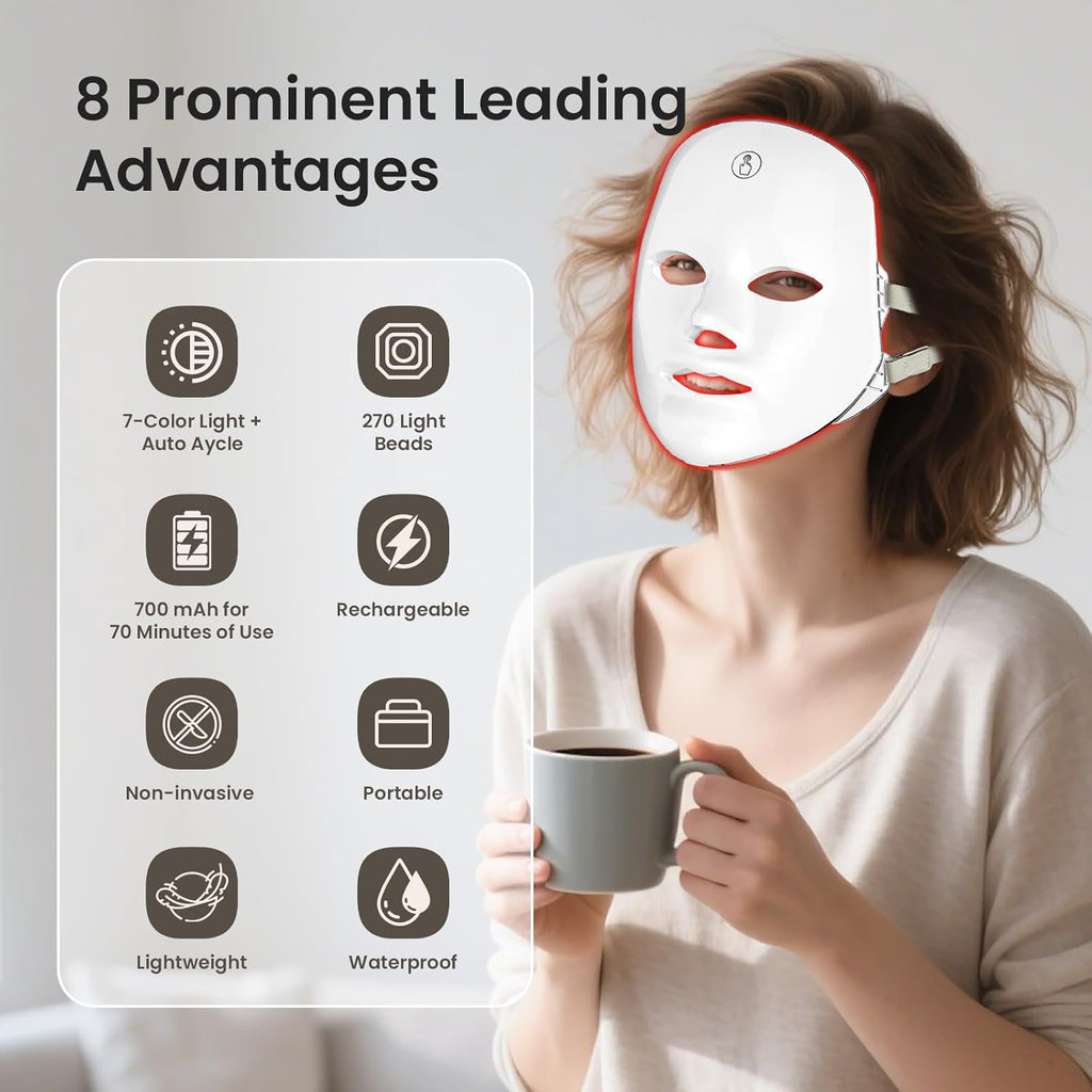 Red Light Mask for Face, 7-1 Colors Red Light Face Mask, Facial Skincare at Home, Cordless, Portable and Rechargeable