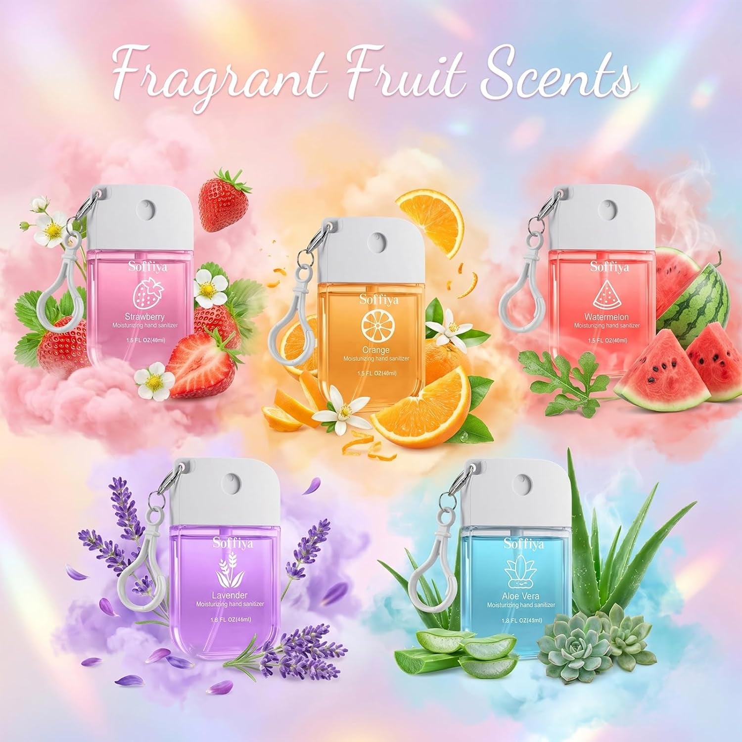 Hand Sanitizer Spray Travel-Size - 5 Pack No-Rinse Spray Hand Sanitizers with Hook Hydrating Portable Hand Sanitizer Travel Spray for Parks, Beaches, Airplanes, 5 Scents