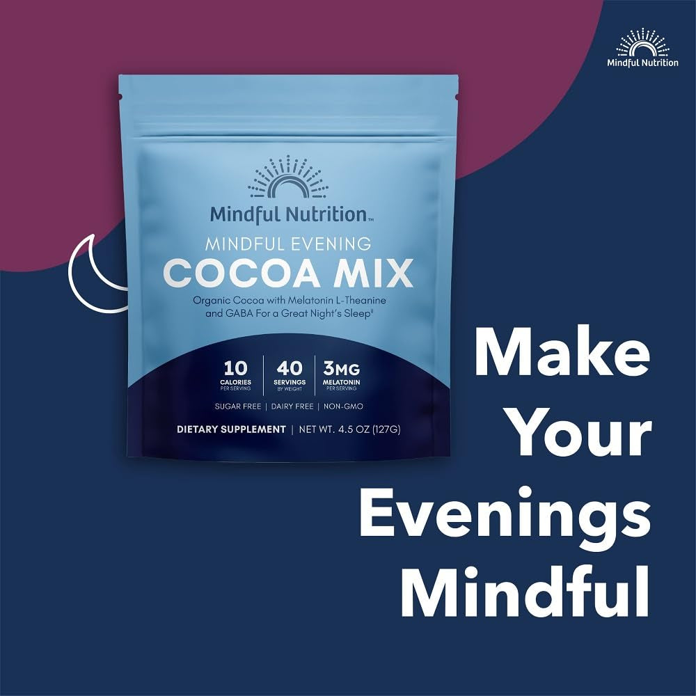 Mindful Evening Sugar Free Cocoa Mix Natural Sleep Aid, 40 Servings, Melatonin 3Mg, L-Theanine, GABA Supplements, Natural Calm Sleep Support Stress Relief Calm Sleepy Cocoa Nighttime Hot Chocolate